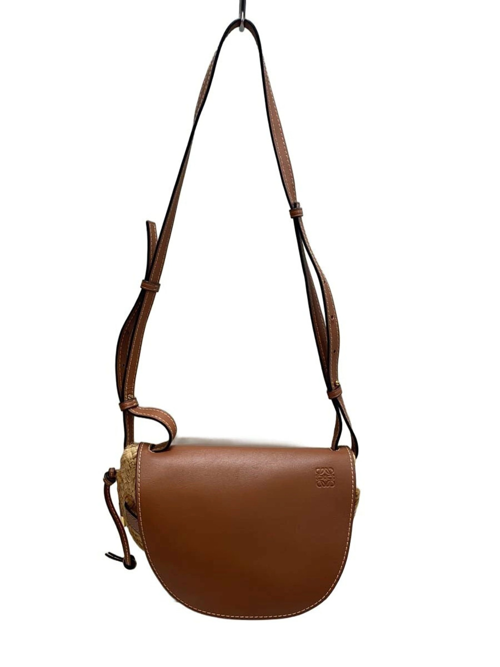 LOEWE Gate Crossbody Bag brown leather raffia side panel artisanal knot